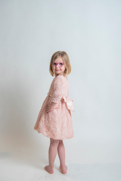Child - 3/4 Sleeve Rosette Mesh with Satin Dress
