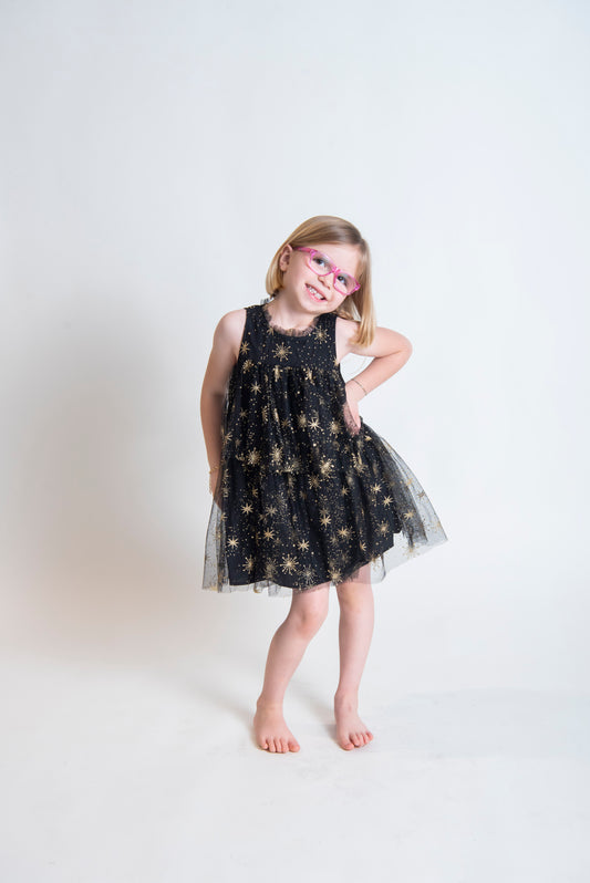 Sleeveless Black and Gold Glitter Dress