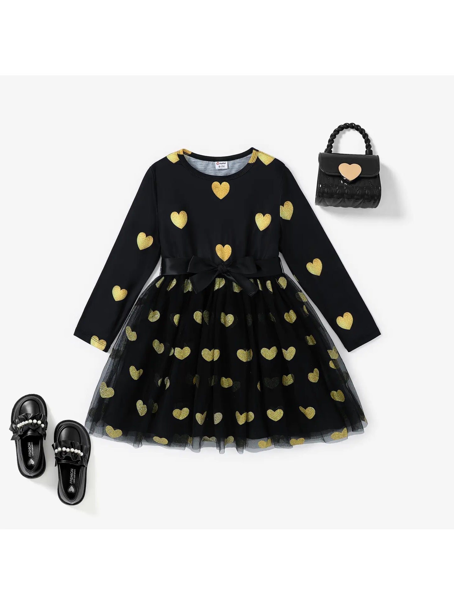 Black Long Sleeve Dress with Tulle Skirt and Gold Glitter hearts