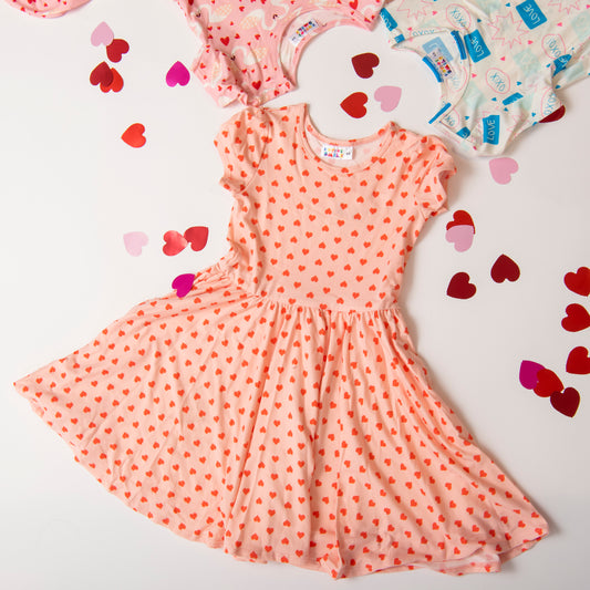 Coral Dress with Red Hearts