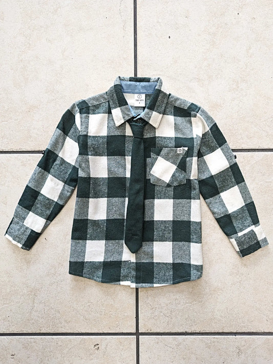 Green Flannel Long Sleeve Shirt w/ Tie