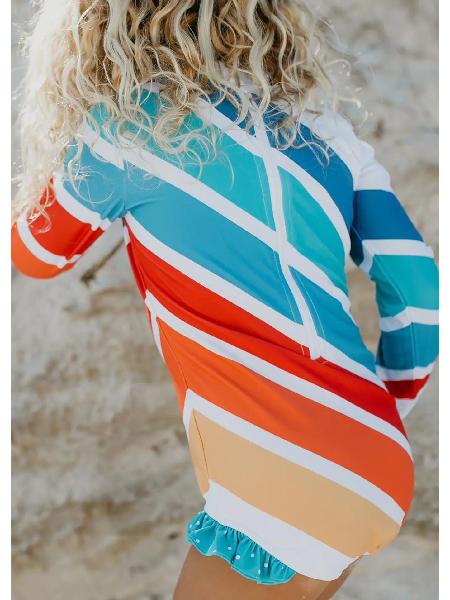 Blue Stripe Rainbow Zip Rash Guard One Piece Swimsuit