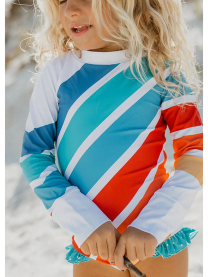 Blue Stripe Rainbow Zip Rash Guard One Piece Swimsuit