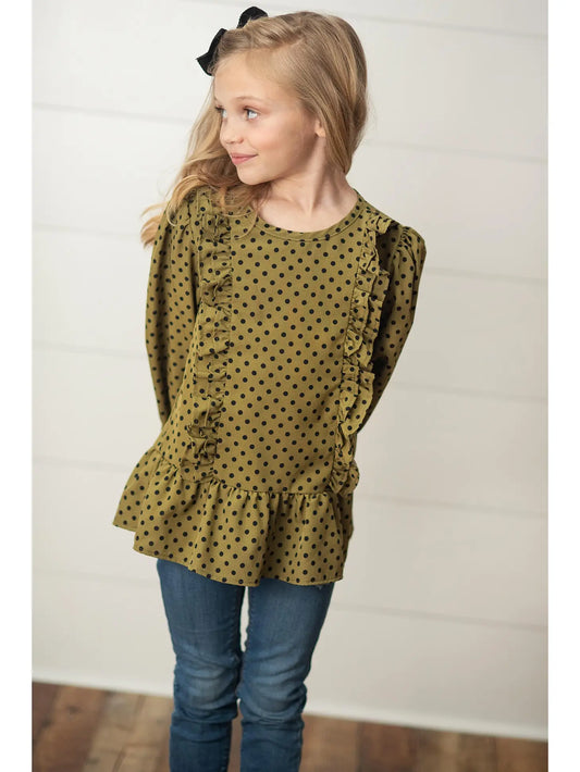 Olive Black polka dot ruffle shirt