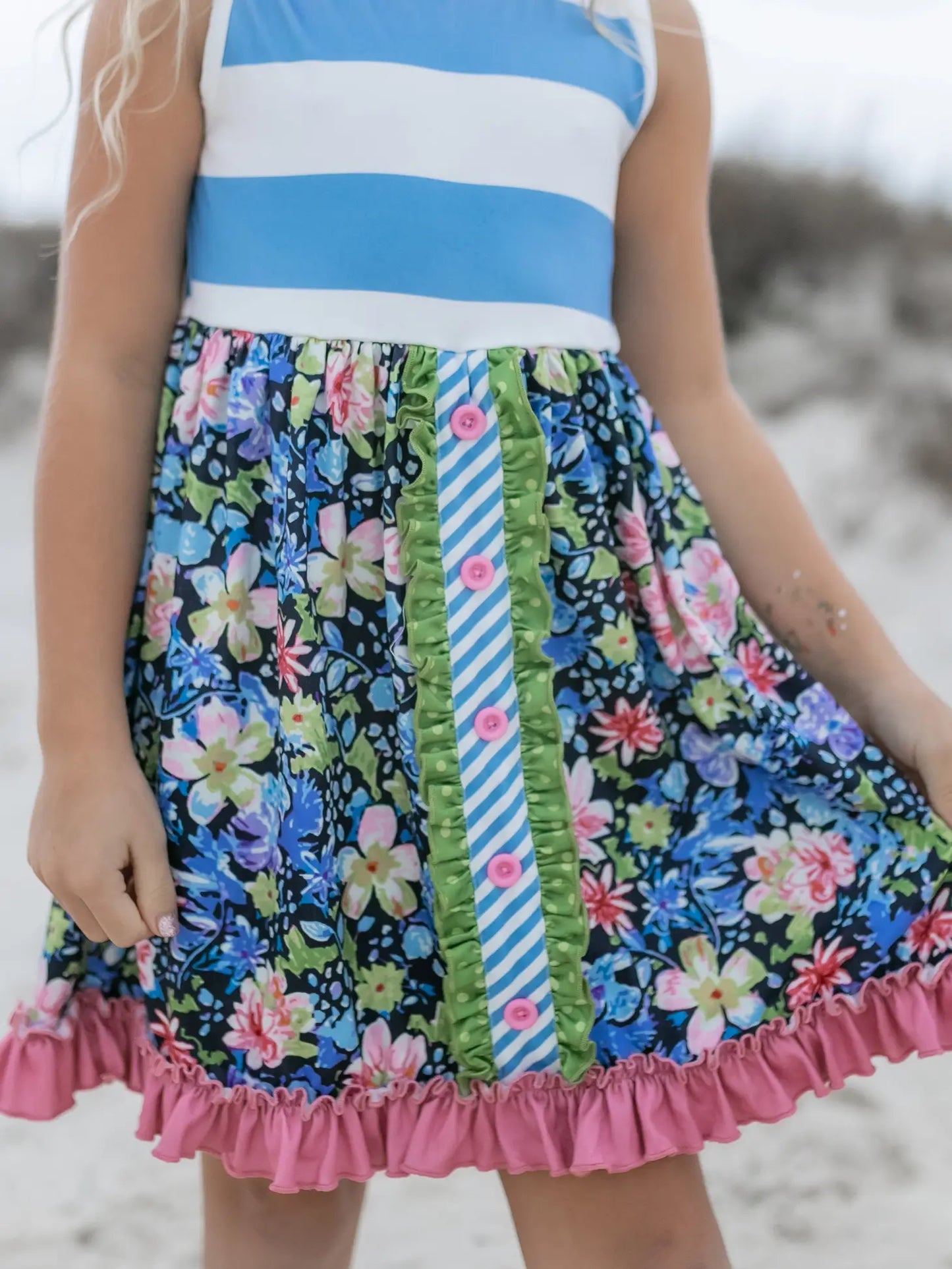 Pink and Blue Wide Stripe Floral Ruffle Dress