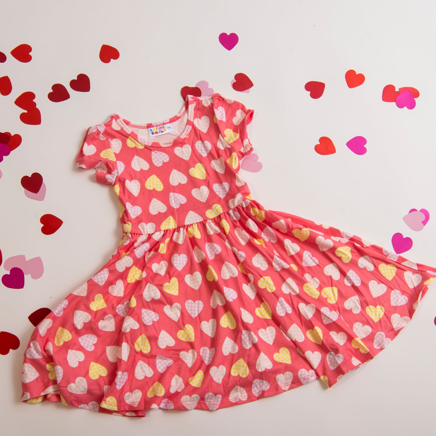 Pink Twirl Dress with Yellow and Pink Hearts