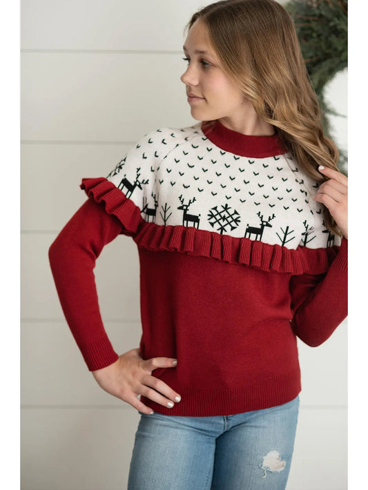 Reindeer Ruffle Pullover Sweater