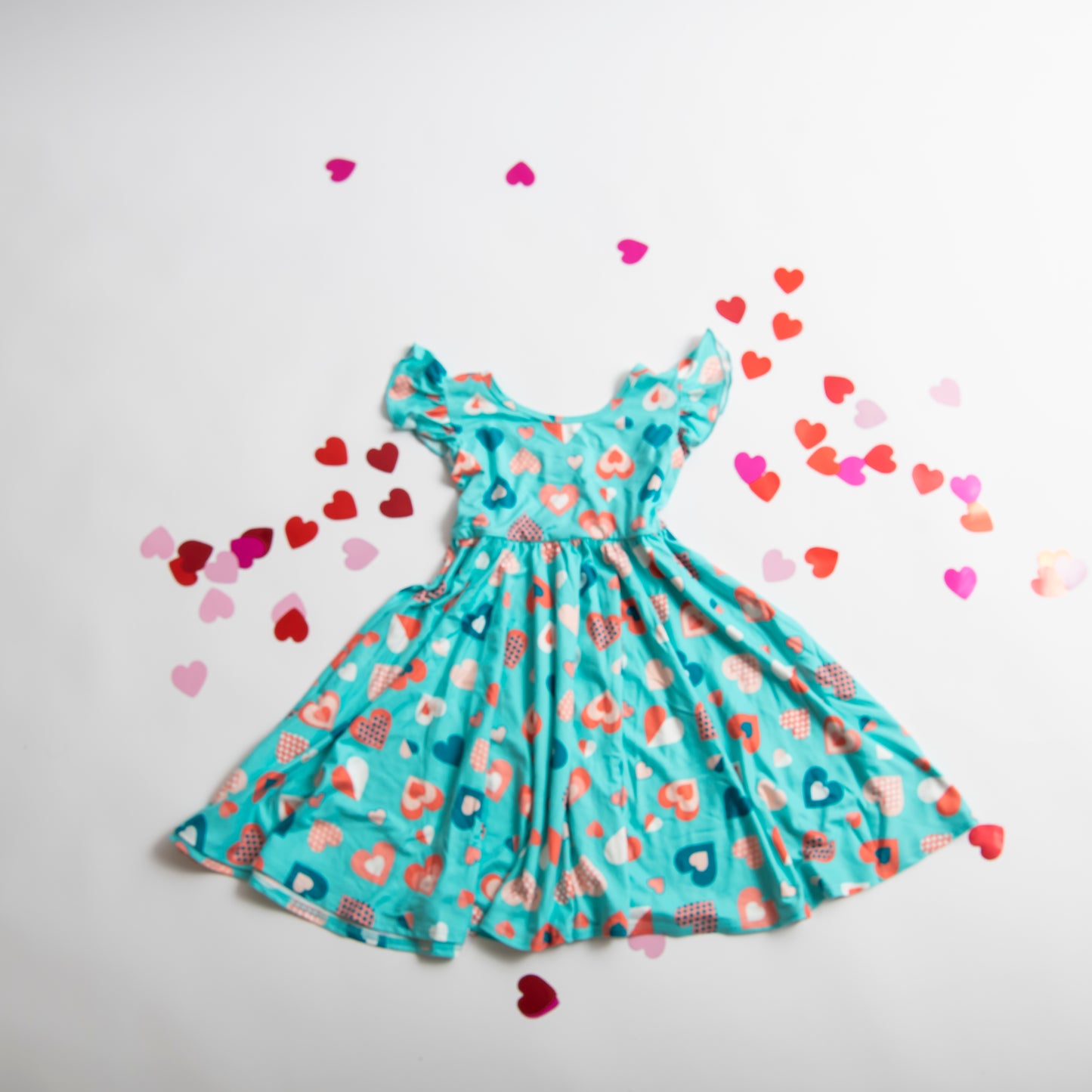 Teal Twirl Dress with Hearts