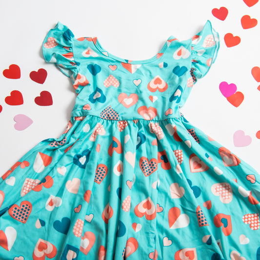 Teal Twirl Dress with Hearts