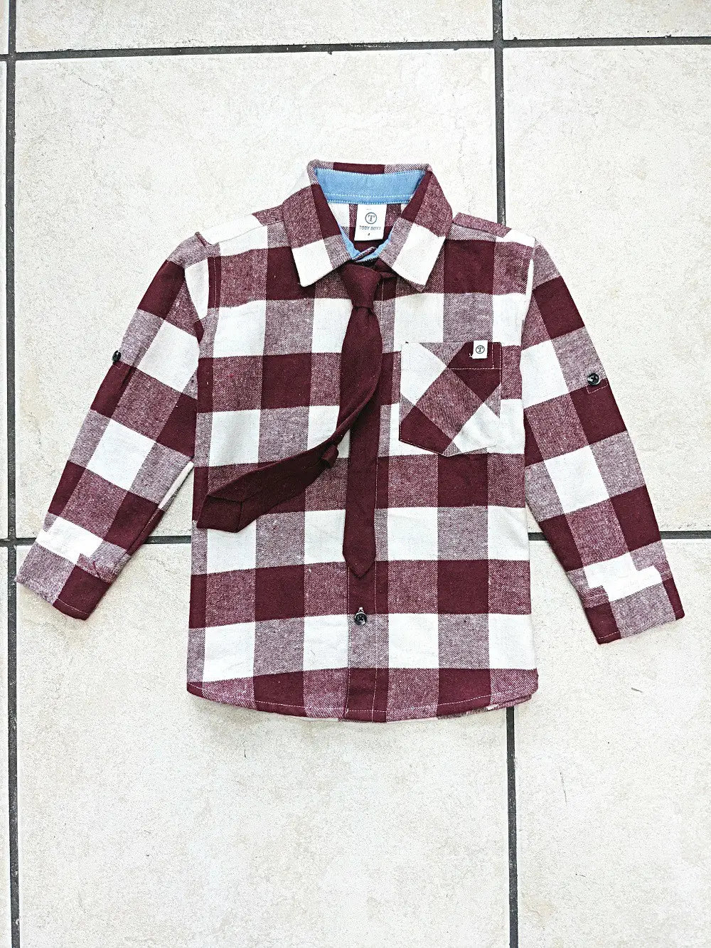 Burgundy Flannel Long Sleeve Shirt w/ Tie