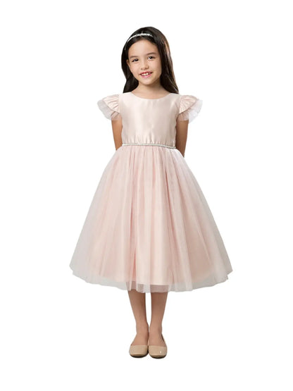 Satin Dress with Shiny Crystal Tulle and Flutter Sleeves